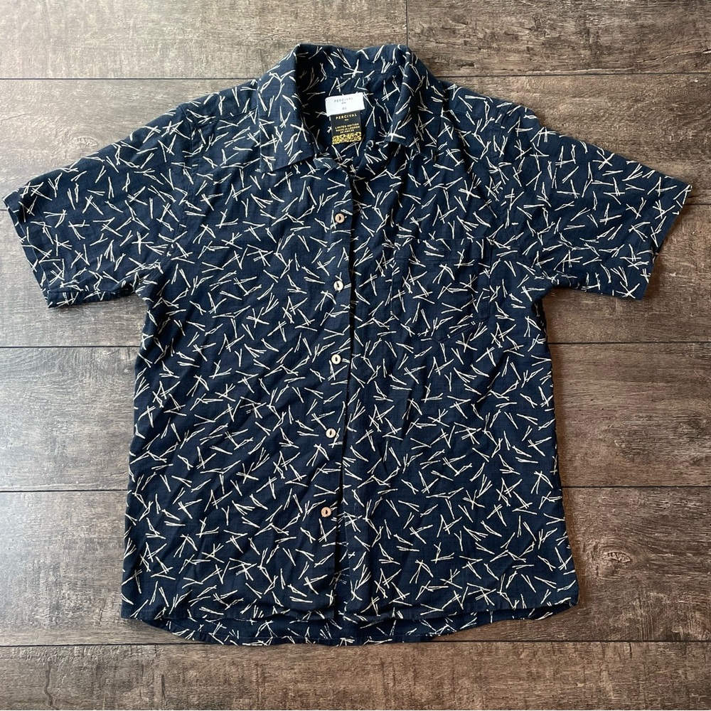 Navy linen blend shirt with white pattern